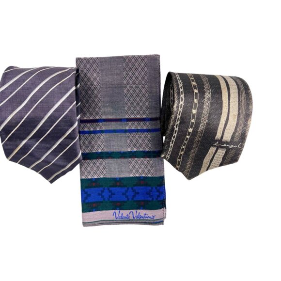 Set: 2 Neckties Valentino &Kangol  Brown Stripe +1 Valentino V Handkerchief (59) - Picture 2 of 9